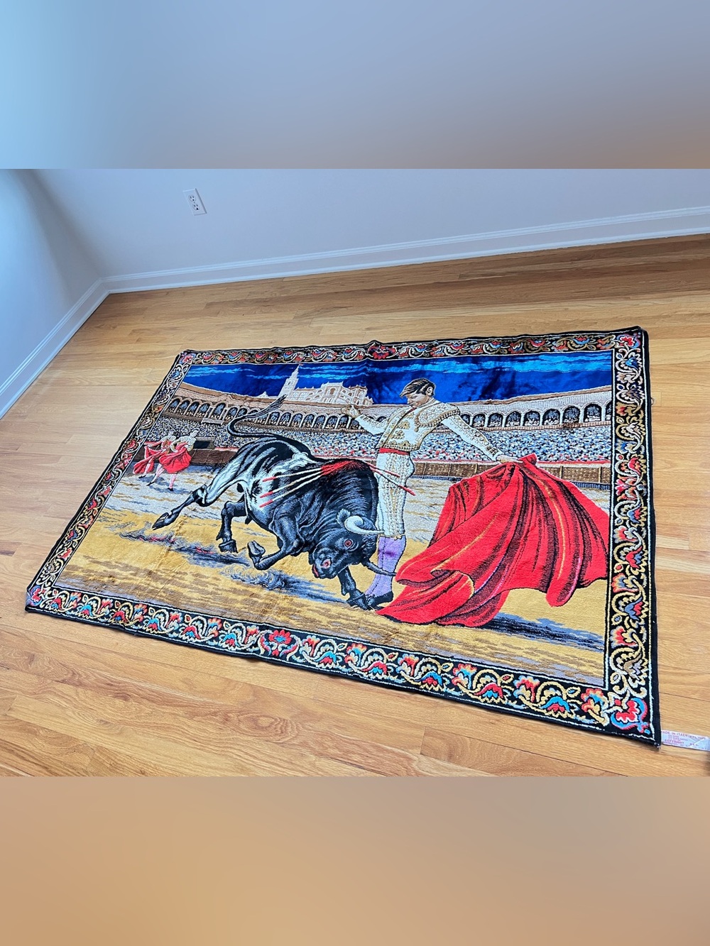 Vintage Italian Velvet Tapestry Spanish Matador Bullfight MCM Wall Art 4’ x 6'